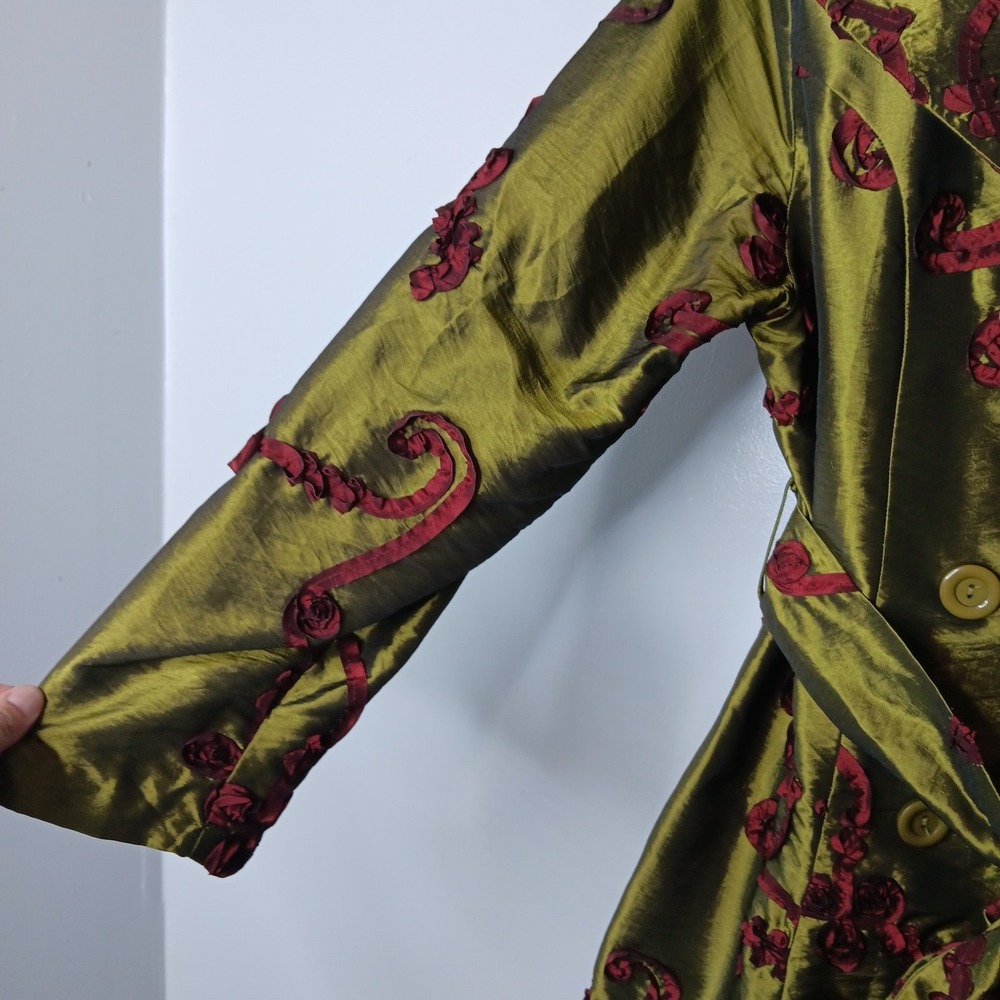 VTG Trench Coat M Green Red Rosette Double Breasted Avant Garde Runway Couture - Picture 6 of 11